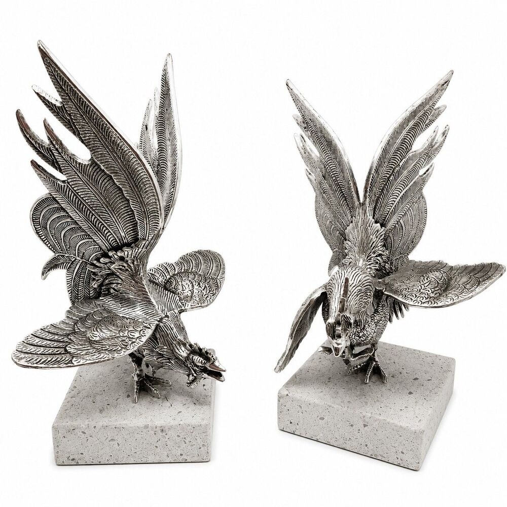 Pair Vintage Silver Tone Rooster Gamecock Sculptures Marble Bases Hollywood...
